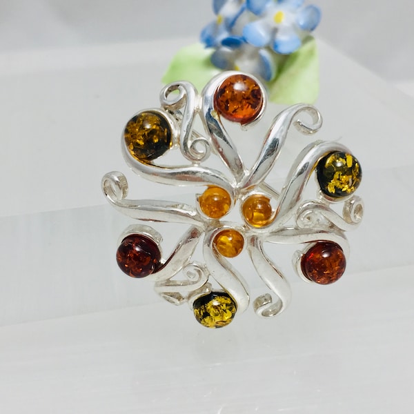 Large Baltic Amber Brooch,Modern Silver Pin,Amber Stone,Amber and Silver Jewelry,Bernstein Brooch,Multicolor Amber Jewelry,Amber Gift Brooch