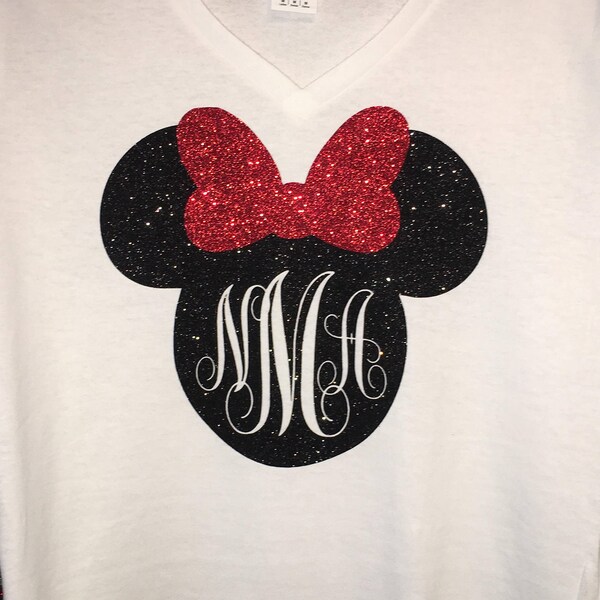 Custom Disney shirt- Monogram-Minnie Head V-Neck Short Sleeve