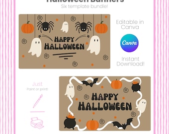 Puede incluir: Plantillas de banners de Halloween con fondo marrón, con calabazas naranjas, arañas negras, fantasmas blancos y el texto "Happy Halloween". El diseño es editable en Canva y está disponible para descarga instantánea.