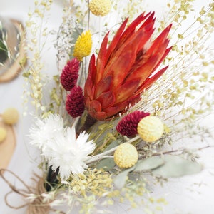 May include: A dried flower bouquet with a red protea, white billy buttons, burgundy statice, and yellow craspedia.