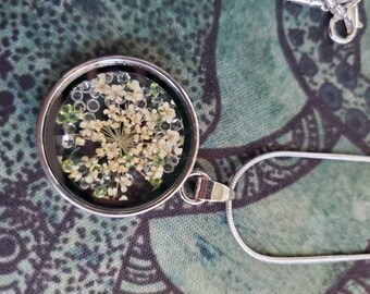 pressed white flower and crystals resin necklace