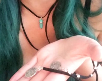 black lariat necklace w/faux  turquoise & silver medallion charms