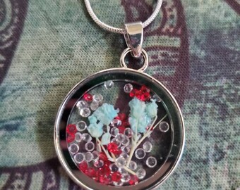 pressed blue flower red crystal resin necklace