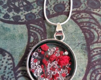pressed red flower and crystals resin necklace