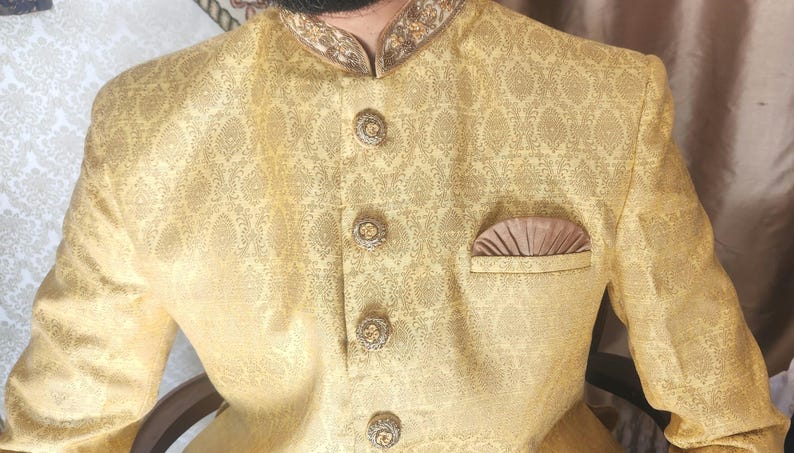 Men Sherwani, Kurta Pajama, , Indian wedding wear, Desi Party clothing, yellow sherwani set, traditional men's wear, grooms men clothing, Bild 2