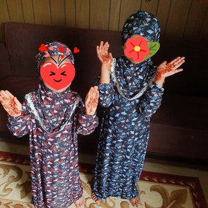 Girls Prayer maxi Dress One Piece Attached Hijab Madrasa Abaya Jilbab Kids scarf