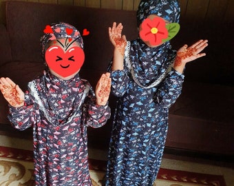 Girls Prayer maxi Dress One Piece Attached Hijab Madrasa Abaya Jilbab Kids scarf