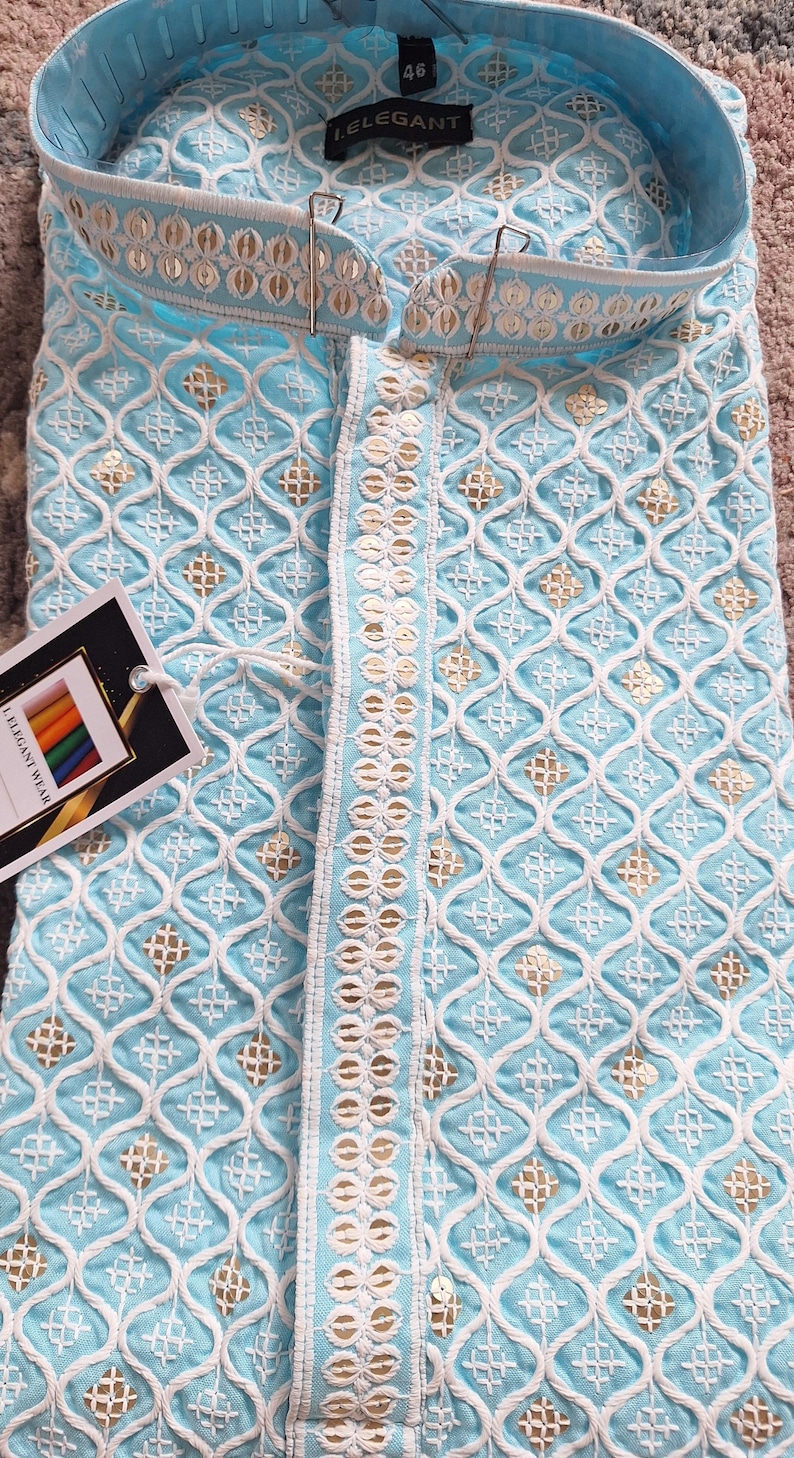 Conjunto de pijama Chikankari kurta para hombre para fiestas religiosas y de bodas, conjunto de kurta para hombres étnicos indios, pijama kurta hecho a mano, salwar Kameez para hombres imagen 13