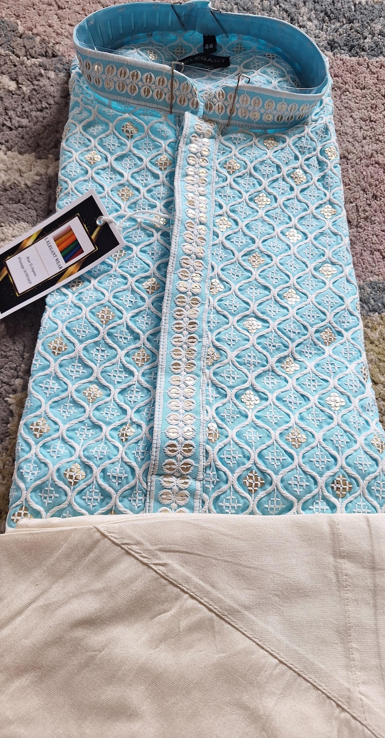 Conjunto de pijama Chikankari kurta para hombre para fiestas religiosas y de bodas, conjunto de kurta para hombres étnicos indios, pijama kurta hecho a mano, salwar Kameez para hombres imagen 10