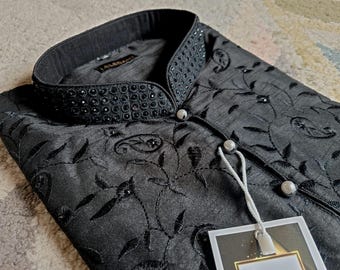 Men kurta pajama set in beautiful embroidery, Indian wedding party wear, salwar Kameez for men, kurta churidar for men, Black kurta set