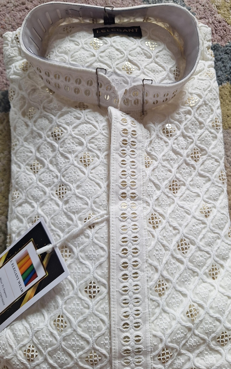 Conjunto de pijama Chikankari kurta para hombre para fiestas religiosas y de bodas, conjunto de kurta para hombres étnicos indios, pijama kurta hecho a mano, salwar Kameez para hombres imagen 17