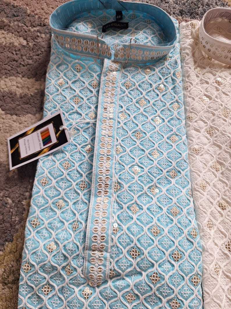 Conjunto de pijama Chikankari kurta para hombre para fiestas religiosas y de bodas, conjunto de kurta para hombres étnicos indios, pijama kurta hecho a mano, salwar Kameez para hombres imagen 15