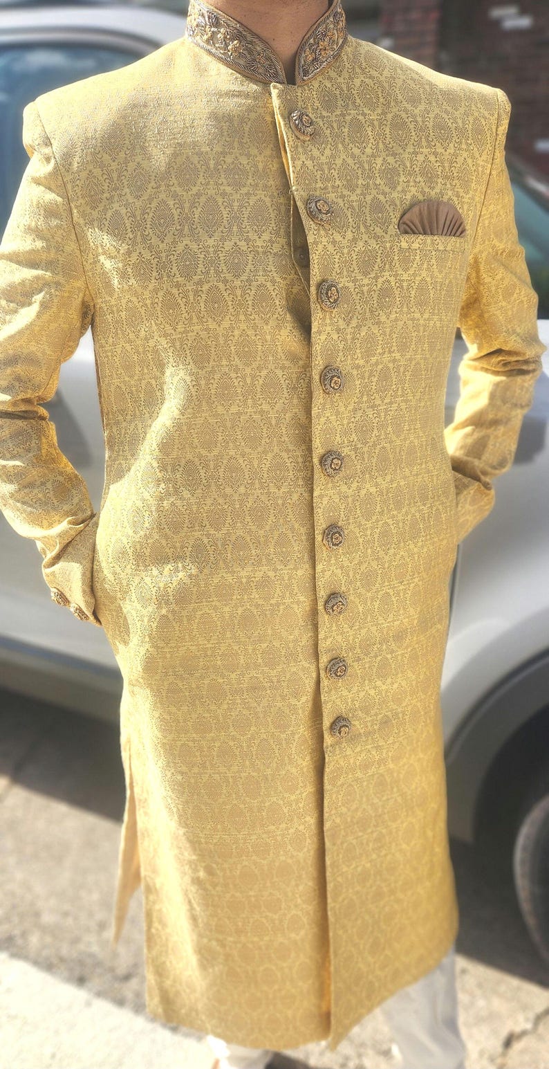 Men Sherwani, Kurta Pajama, , Indian wedding wear, Desi Party clothing, yellow sherwani set, traditional men's wear, grooms men clothing, Bild 9