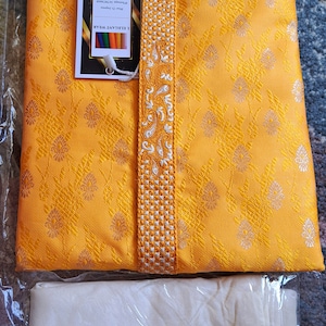 Men Kurta Pajama in rich Brocade Jaquard fabric with detailed Elegant Embroidery work, men's Indian kurta churidar, Desi wedding men's wear DeepYellow