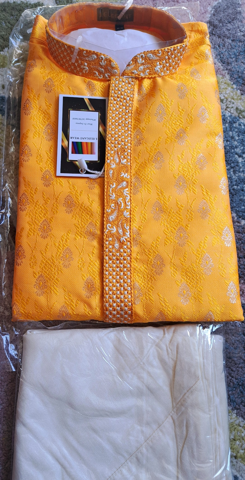 Men Kurta Pajama in rich Brocade Jaquard fabric with detailed Elegant Embroidery work, men's Indian kurta churidar, Desi wedding men's wear DeepYellow
