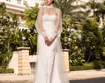 Long Wedding Cape, Long Sleeves Bridal Cape, Lace Wedding Cape, Wedding Dress Cape / "Cape 126"