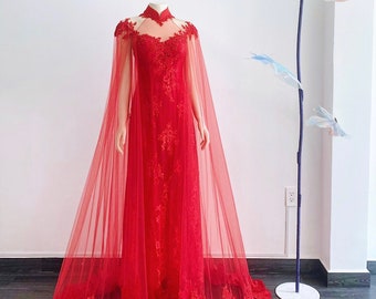 Red Lace Bridal Ao Dai with Cape, Red Ao Dai with Cape, Traditional Vietnamese Bridal Dress with Lace, Red Bridal Ao Dai/ AoDai 12