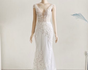 Mermaid Wedding Dress Lace, Cap Sleeves Straps Mermaid Wedding Dres, Lace Mermaid Wedding Gown / Dress 079