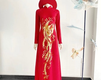 Red Phoenix Vietnamese Bridal Ao Dai, Red Ao Dai with Phoenix Embroidery, Traditional Vietnamese Bridal Dress, Red Bridal Ao Dai/ AoDai 08
