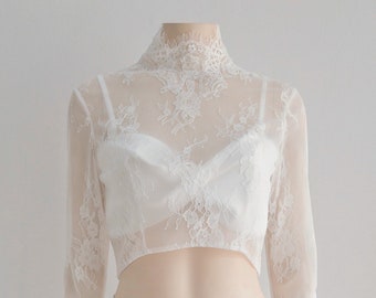 Lace High neck Bridal Crop Top, High neck Wedding Crop Top, Long sleeves Bridal Topper, Custom Bridal Dress Crop Top / "Bolero 25"