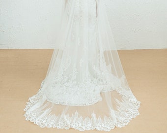 Drop Veil with Lace Around The Edges, Wedding Drop Veil with Lace Trim, Two layer Wedding Veil, Chapel Wedding Veil with blusher / Veil V26