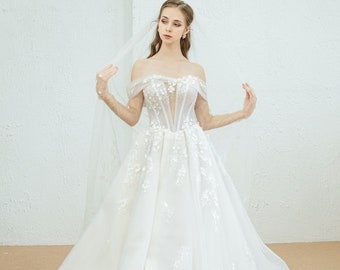 Schulterfreies Ballkleid Brautkleid mit Spitze, Schulterfreies Spitzen Brautkleid, Ballkleid Brautkleid, Brautkleid nach Maß / Kleid 79