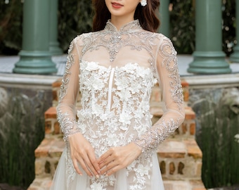 High neck Bridal Topper with Crystals , High neck Wedding Dress Topper, Luxury Long sleeves Bridal Topper with Rhinestones / "Bolero 32”