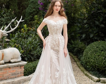 Fuera de los hombros sirena vestido de novia encaje, rubor rosa sirena novia dres, vestido de novia sirena, vestido de novia sirena encaje / vestido 60
