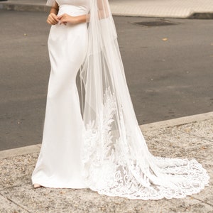 Drop Veil with lace, Wedding Drop Veil, Two layer Wedding Veil, Chapel Wedding Veil with blusher, Chapel bridal veil with lace / Veil V06