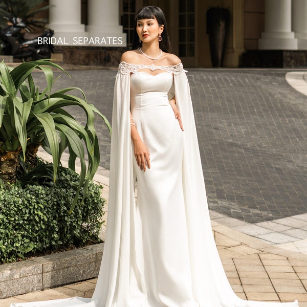 Off Shoulder Chiffon Wedding Cape, Off Shoulder Bridal Cape Veil, Chiffon Wedding Cape Veil / "Cape 302"