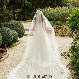 Cathedral Lace Bridal Veil, Single Tier Lace Wedding Veil, Chapel Wedding Veil with blusher, Chapel bridal veil with lace / Veil V22