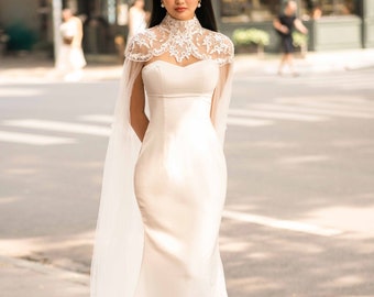 Lace Bridal Cape Veil, Lace Wedding Cape, Long Bridal Cape Veil, Lace Wedding Cape Veil, Custom cape, Chapel Bridal Cape Veil / Cape 308