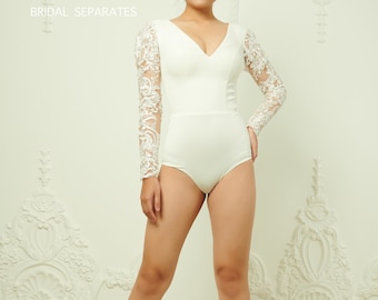 SALE/ Size 0-2/ Long Sleeve Bridal Bodysuit, Wedding Separates Bodysuit, Lace Wedding Bodysuit, Lace White Bodysuit / "Bodysuit 05"