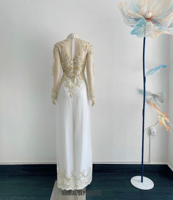 Gold Vietnamese Bridal Ao Dai, Wedding Ao Dai with Gold Lace, Traditional Vietnamese Bridal Dress, White Ao Dai with Gold Lace / AoDai 16