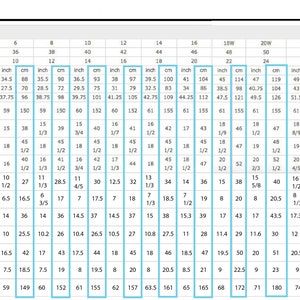May include: Size chart for clothing with measurements in inches and centimeters. The chart includes bust, waist, hips, shoulder to floor, shoulder, arm length, armholes, upper arm, wrist, neck, shoulder to bust, shoulder to waist, bust point to bust point, and girth.