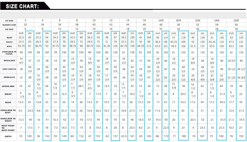 May include: Size chart for clothing with measurements in inches and centimeters. The chart includes bust, waist, hips, shoulder to floor, shoulder, arm length, armholes, upper arm, wrist, neck, shoulder to bust, shoulder to waist, bust point to bust point, and girth.