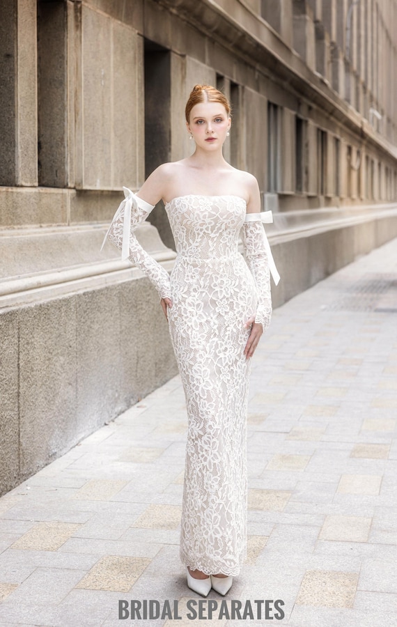 navy fitted prom dress Strapless Sweetheart Beaded Lace Fit and Flare Garden Wedding Dress main image 1