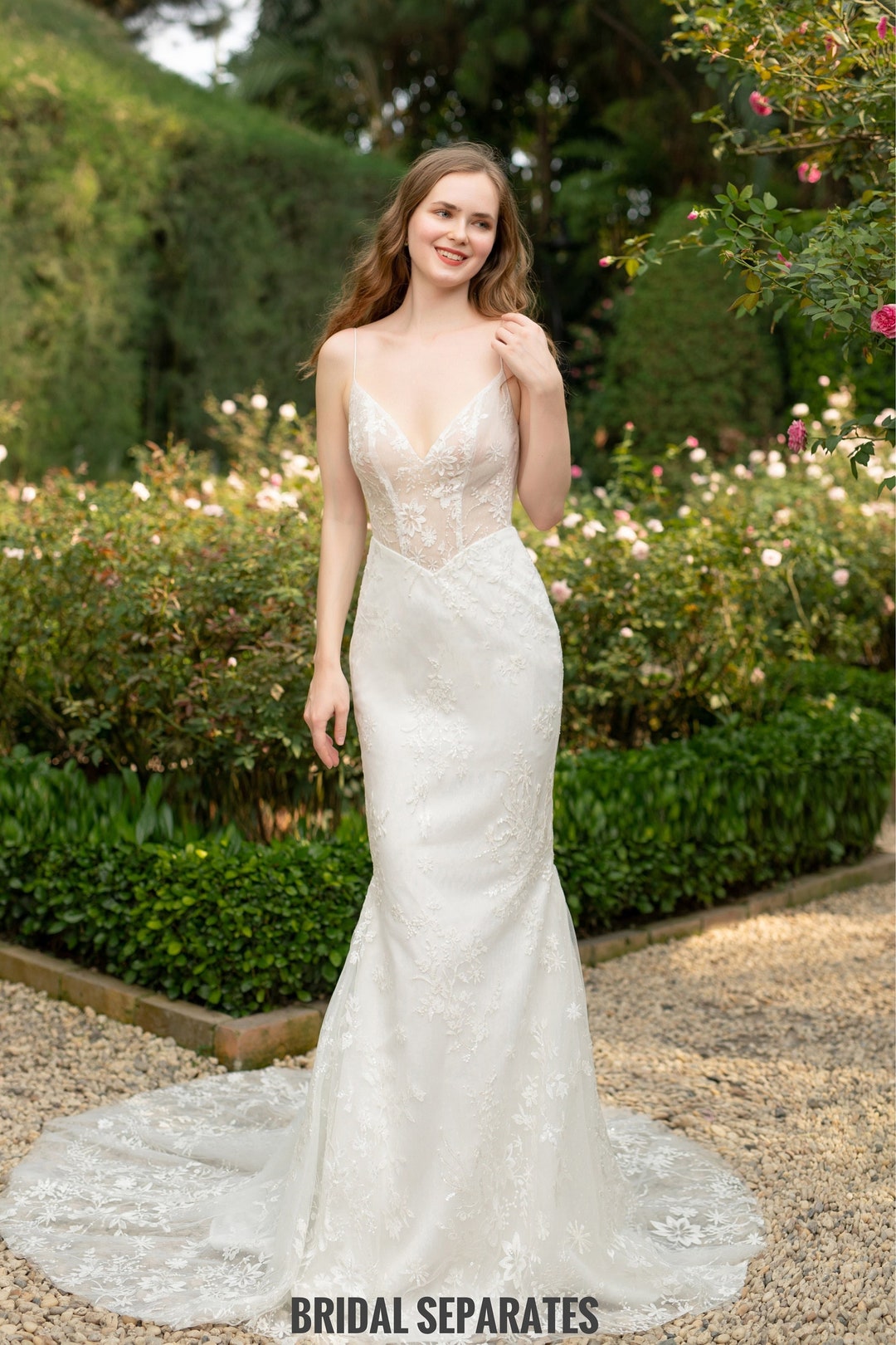 Elegant Mermaid Wedding Dress with Floral Lace, Spaghetti Straps, V-Neck main image 0