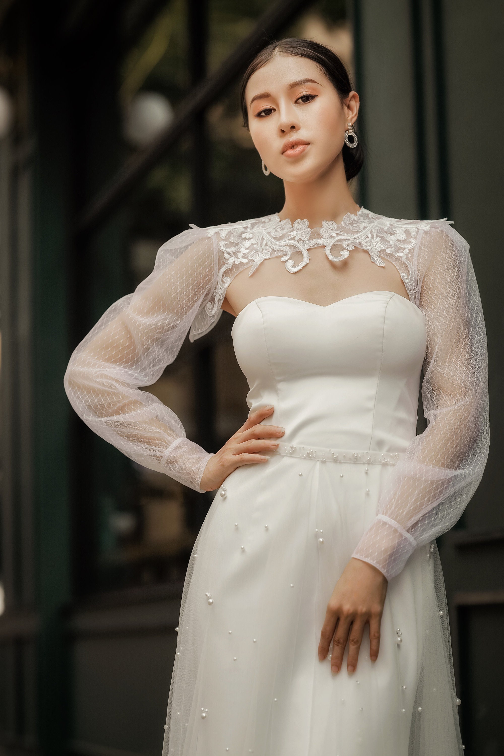 wedding dress bolero long sleeve Scalloped Neck Bridal Bolero Long Sleeved Wedding Crop Top