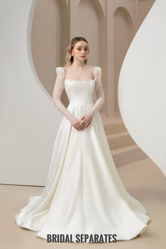 mikado wedding dress a line Mikado Two-Piece A-Line Corset Wedding Dress Tori with Train Custom (Plus Size) / Off-white