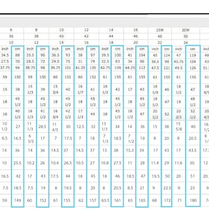 May include: Size chart for clothing with measurements in inches and centimeters. The chart includes bust, waist, hips, shoulder to floor, shoulder, arm length, armholes, upper arm, wrist, neck, shoulder to bust, shoulder to waist, bust point to bust point, and girth.