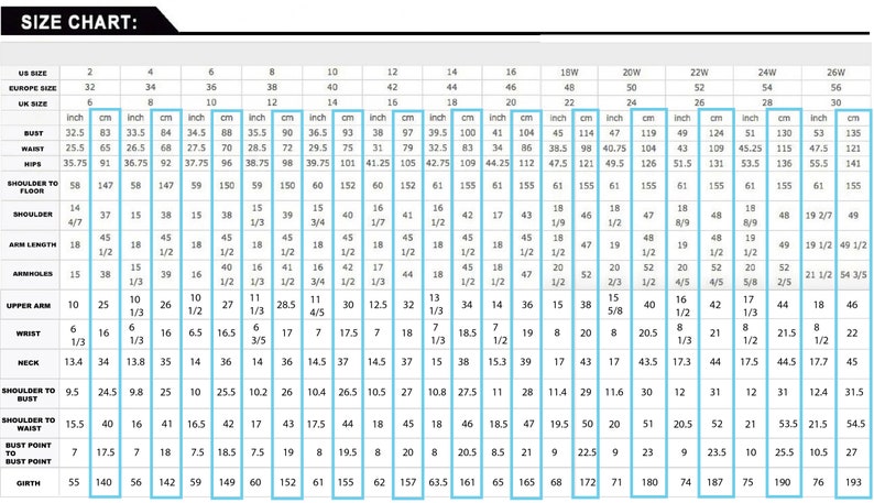 May include: Size chart for clothing with measurements in inches and centimeters. The chart includes bust, waist, hips, shoulder to floor, shoulder, arm length, armholes, upper arm, wrist, neck, shoulder to bust, shoulder to waist, bust point to bust point, and girth.