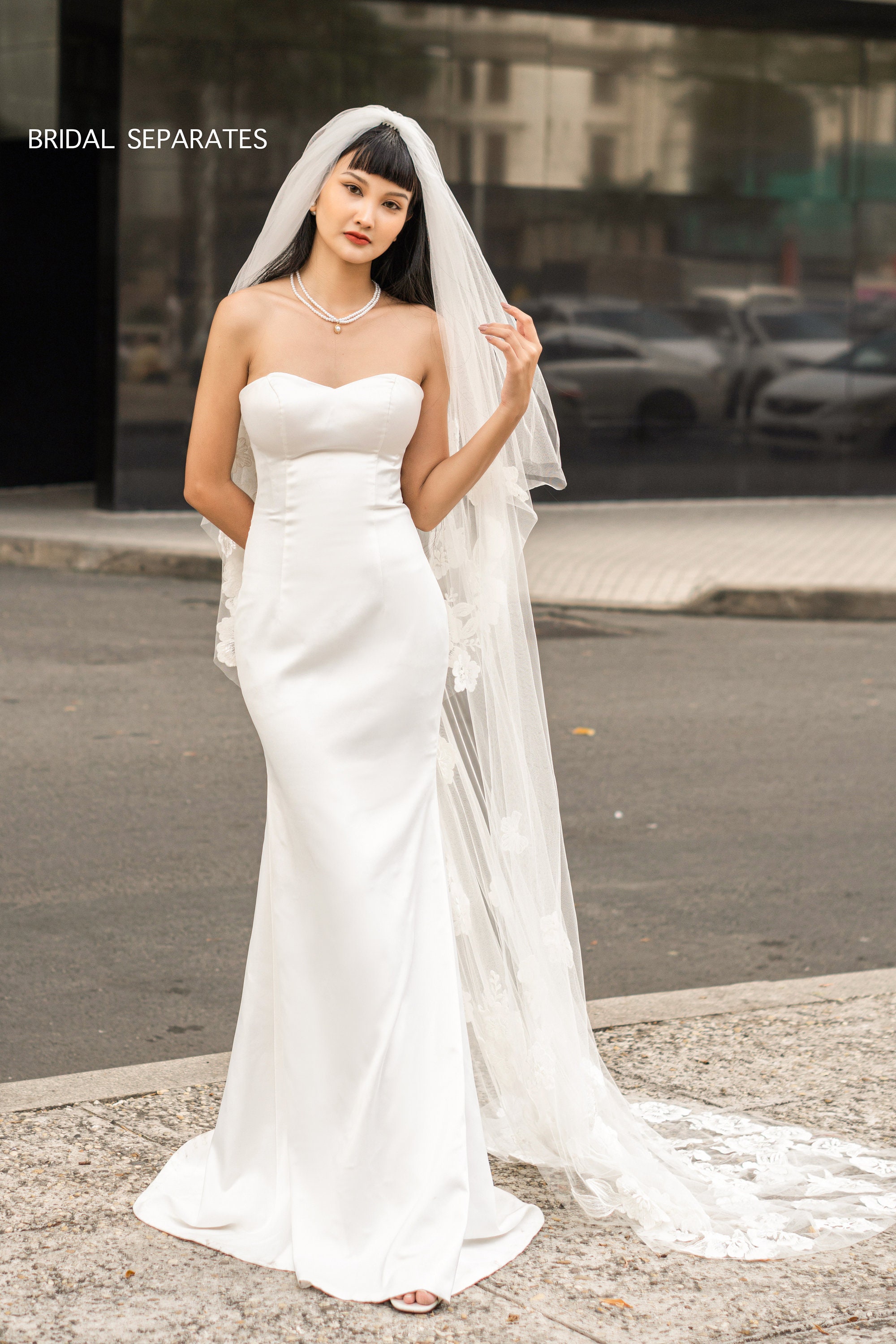 fitted lace wedding dress Beaded Lace Satin Strapless Plunging Mermaid Wedding Dress main image 0