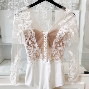 Long Sleeves and Plunging Neckline Bridal Bodysuit / 