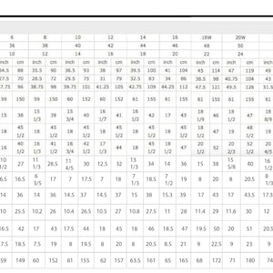 May include: Size chart for clothing with measurements in inches and centimeters. The chart includes US size, Europe size, UK size, bust, waist, hips, shoulder to floor, shoulder, arm length, armholes, upper arm, wrist, neck, shoulder to bust, shoulder to waist, bust point to bust point, and girth.