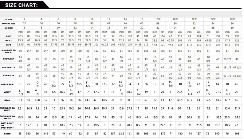 May include: Size chart for clothing with measurements in inches and centimeters. The chart includes US size, Europe size, UK size, bust, waist, hips, shoulder to floor, shoulder, arm length, armholes, upper arm, wrist, neck, shoulder to bust, shoulder to waist, bust point to bust point, and girth.