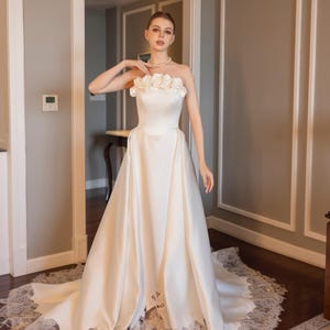 Strapless Ball Gown with 3D Flowers , Satin Ball Gown Wedding Dress , Strapless A line Wedding Dress, Bridal Dress with Lace / Dress 60