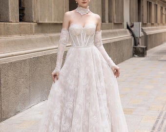 Strapless Ball Gown Wedding Dress with Detachable Sleeves, Strapless A line Wedding Dress with Lace, French Lace Wedding Dress / "Audrey"