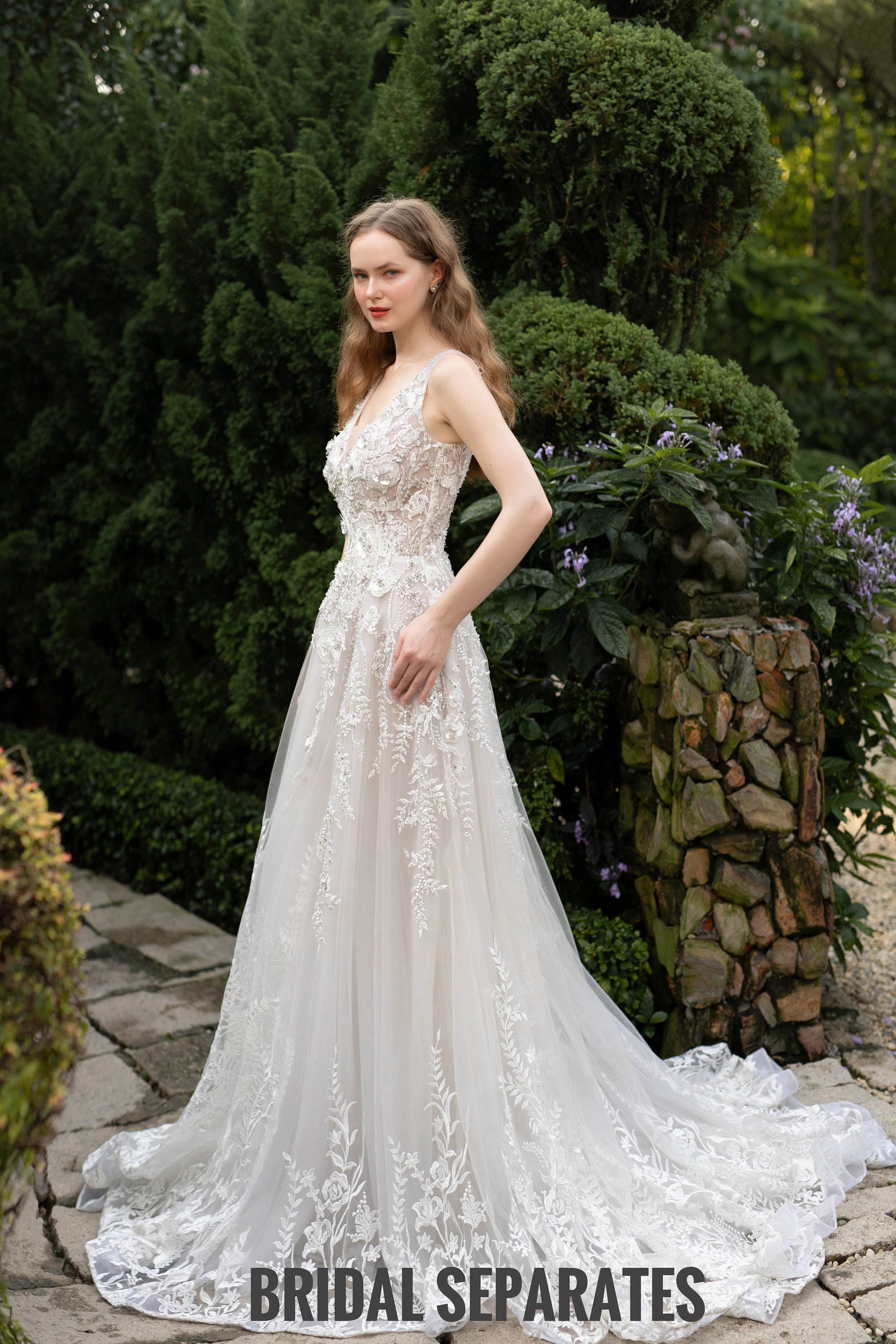 a line v neck lace wedding dress Ivory A-Line Deep V-Neck Backless Long Wedding Dress with Lace Ivory / 18