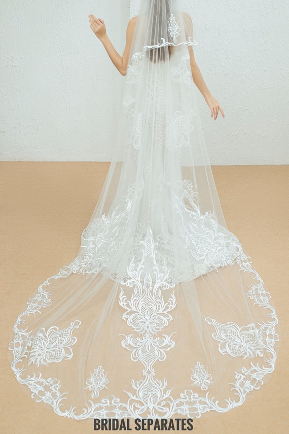 Etsy Cathedral Length White Veil with Blusher and Scalloped Edge Lace Edge Bridal Veil, Blusher Wedding Veil, Rose Lace Veil  main image 3